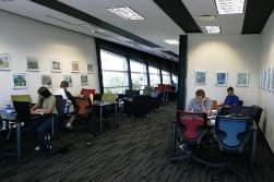 Open tables and comfortable soft seating are available throughout the building for individual reading and study and for groups working together. 