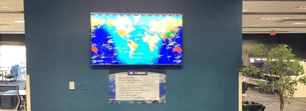The Geochron World Clock is a unique time piece that shows where it is daylight around the world.
